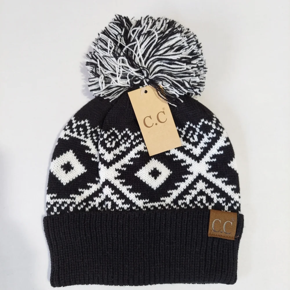C.C Beanie Women's Fair Isle Knit Winter Hat Black White Geometric Pom Pom NWT